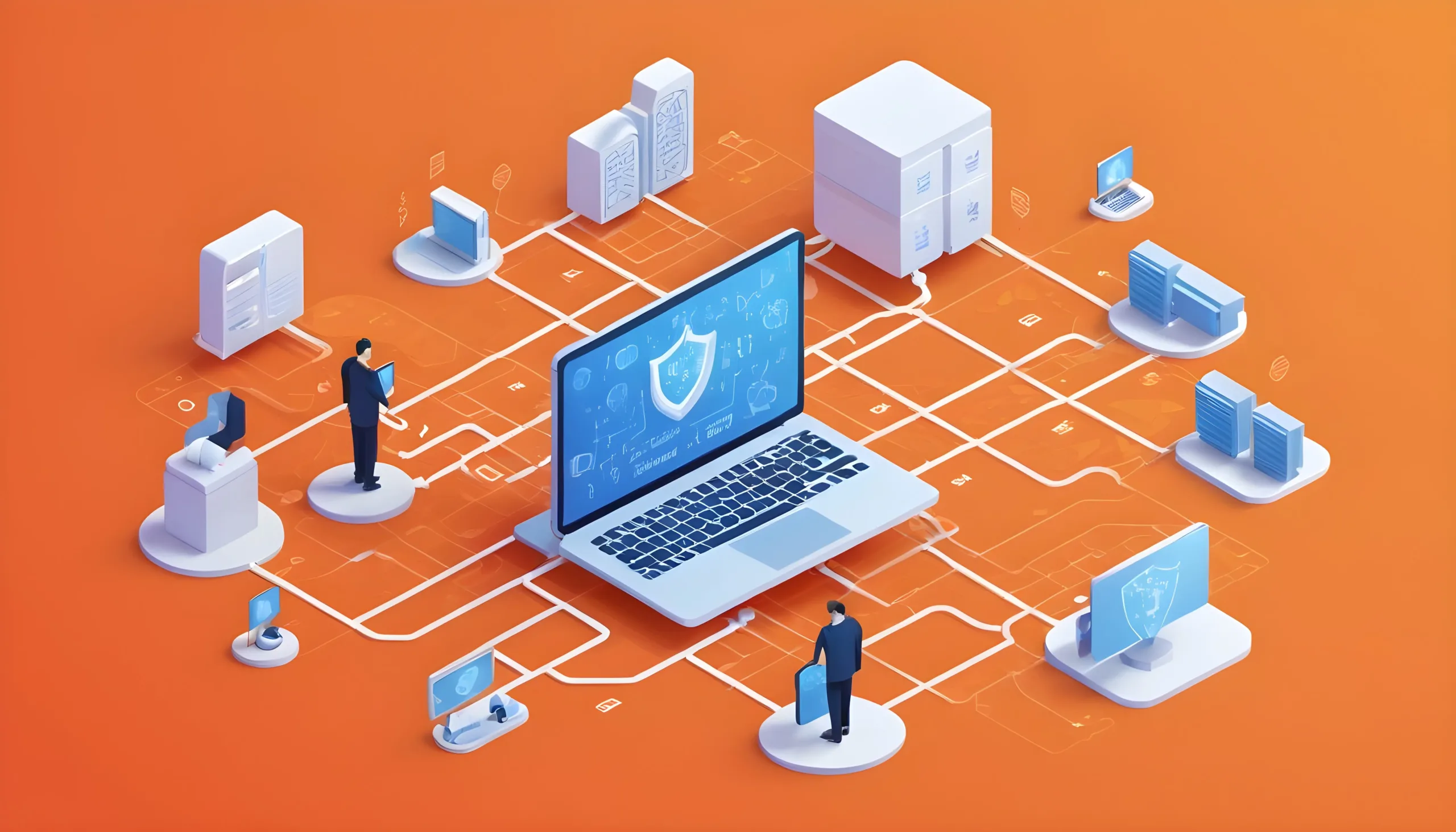 Image of a person holding a shield in front of a laptop screen, illustrating safeguarding data from cyberattacks.