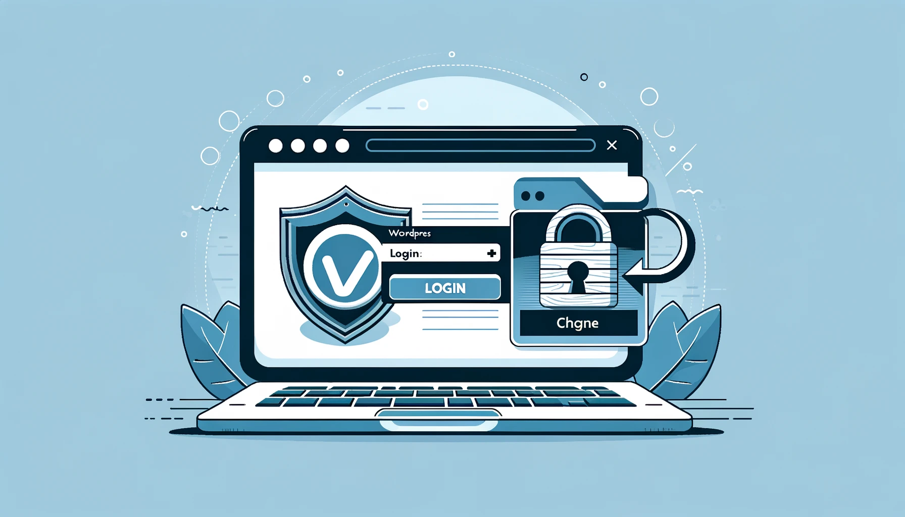 A landscape-style graphical representation showing a secure login process on a WordPress website. The image depicts a laptop screen with a WordPress login page, a lock icon symbolizing security, and an arrow indicating a change in the login URL, emphasizing enhanced security and protection.