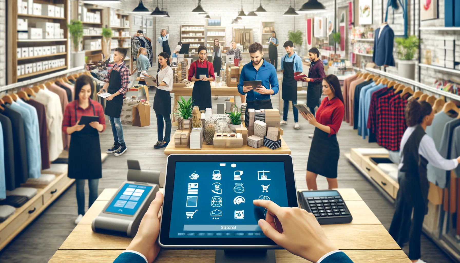 Employees using ERPNext on point-of-sale systems and tablets in a vibrant retail store, highlighting efficient inventory and sales management.