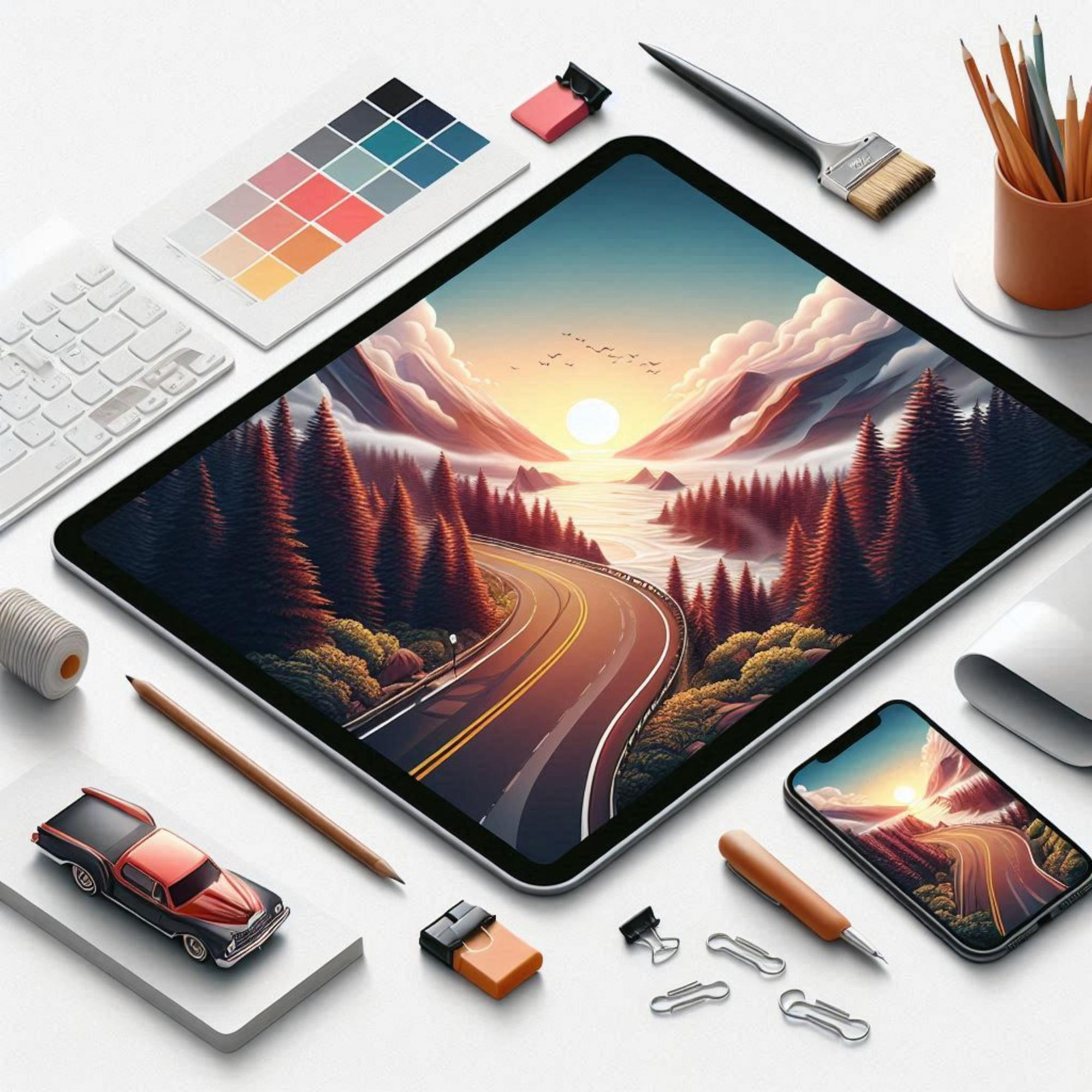 A tablet with a picture of a mountain and a computer mouse