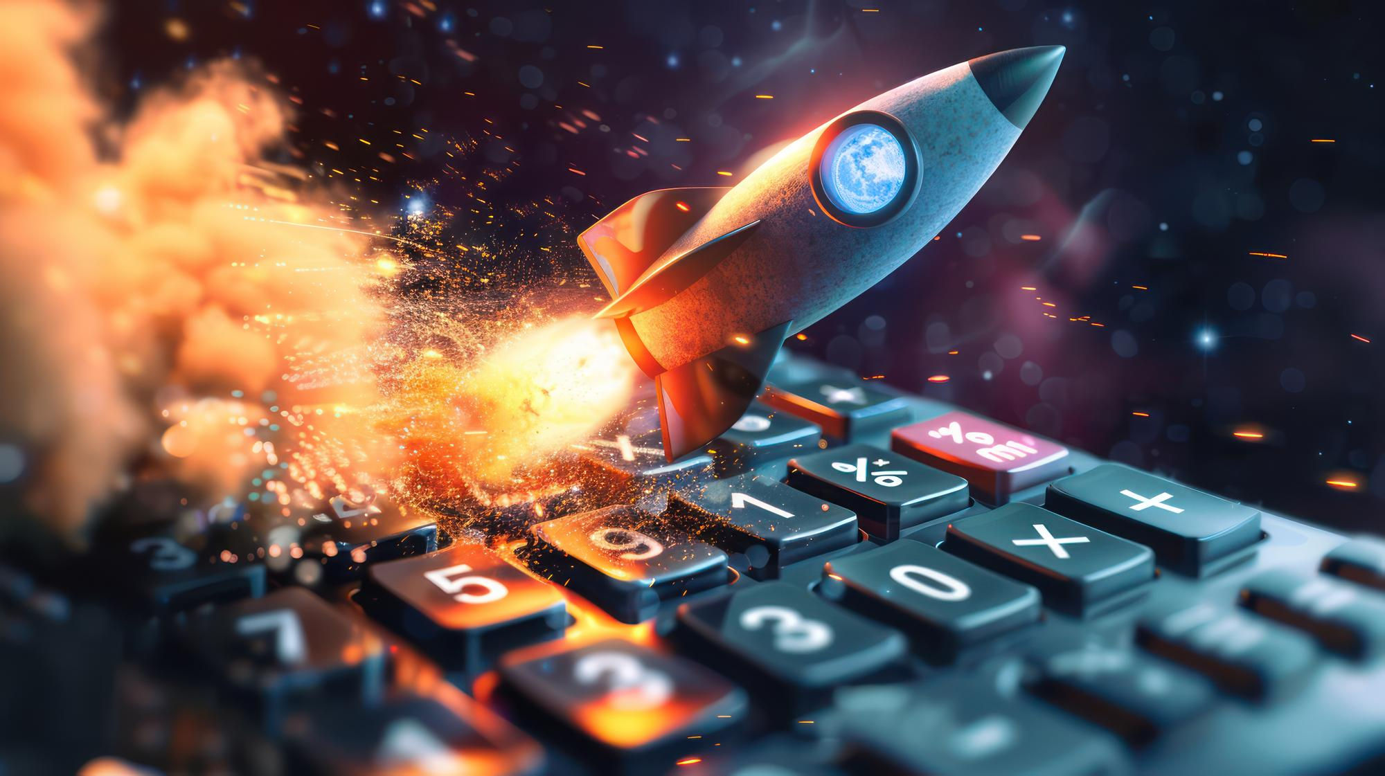 A conceptual image of a calculator transforming into a rocket ship blasting off into space