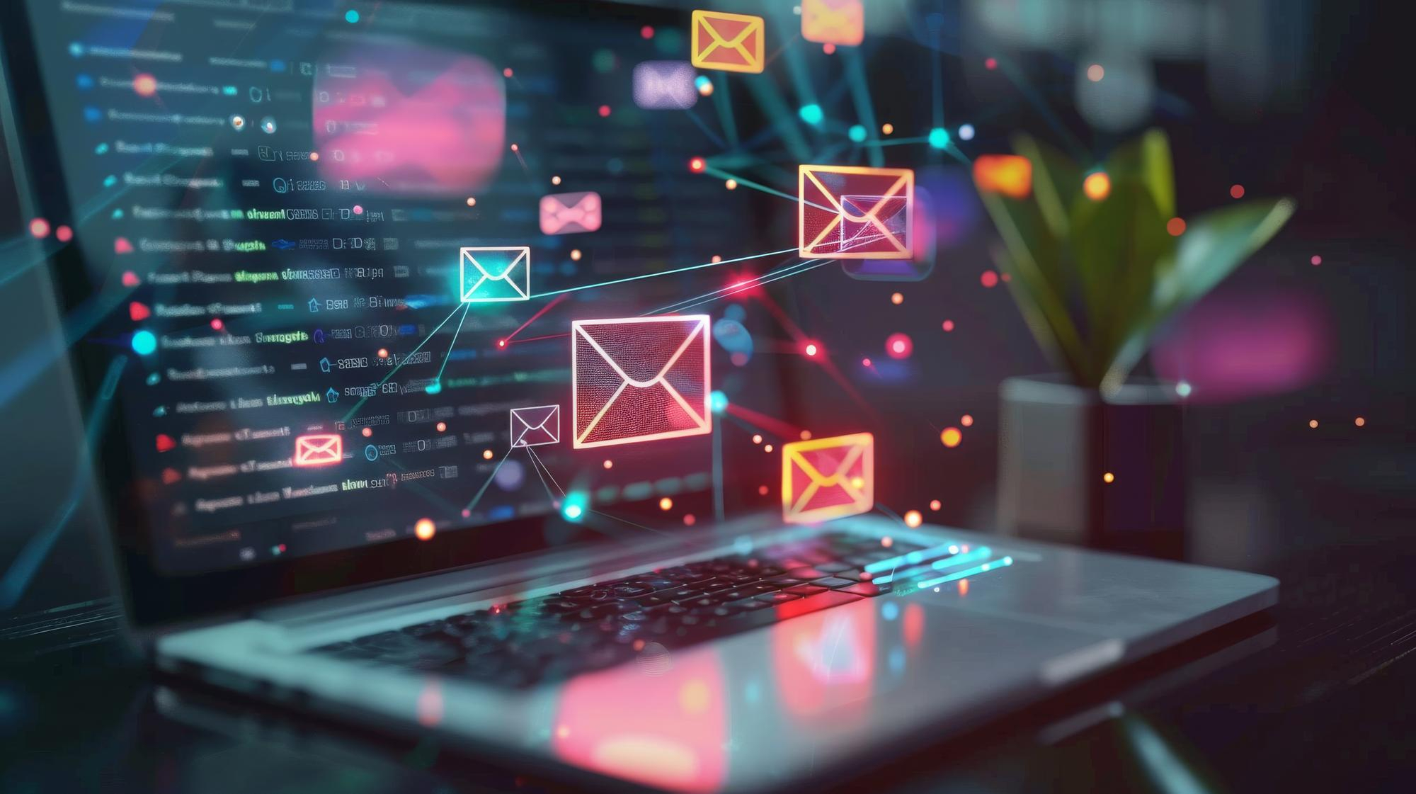Vibrant emails and code illuminate a laptop screen symbolizing a fusion of communication and technology in a dynamic modern workspace