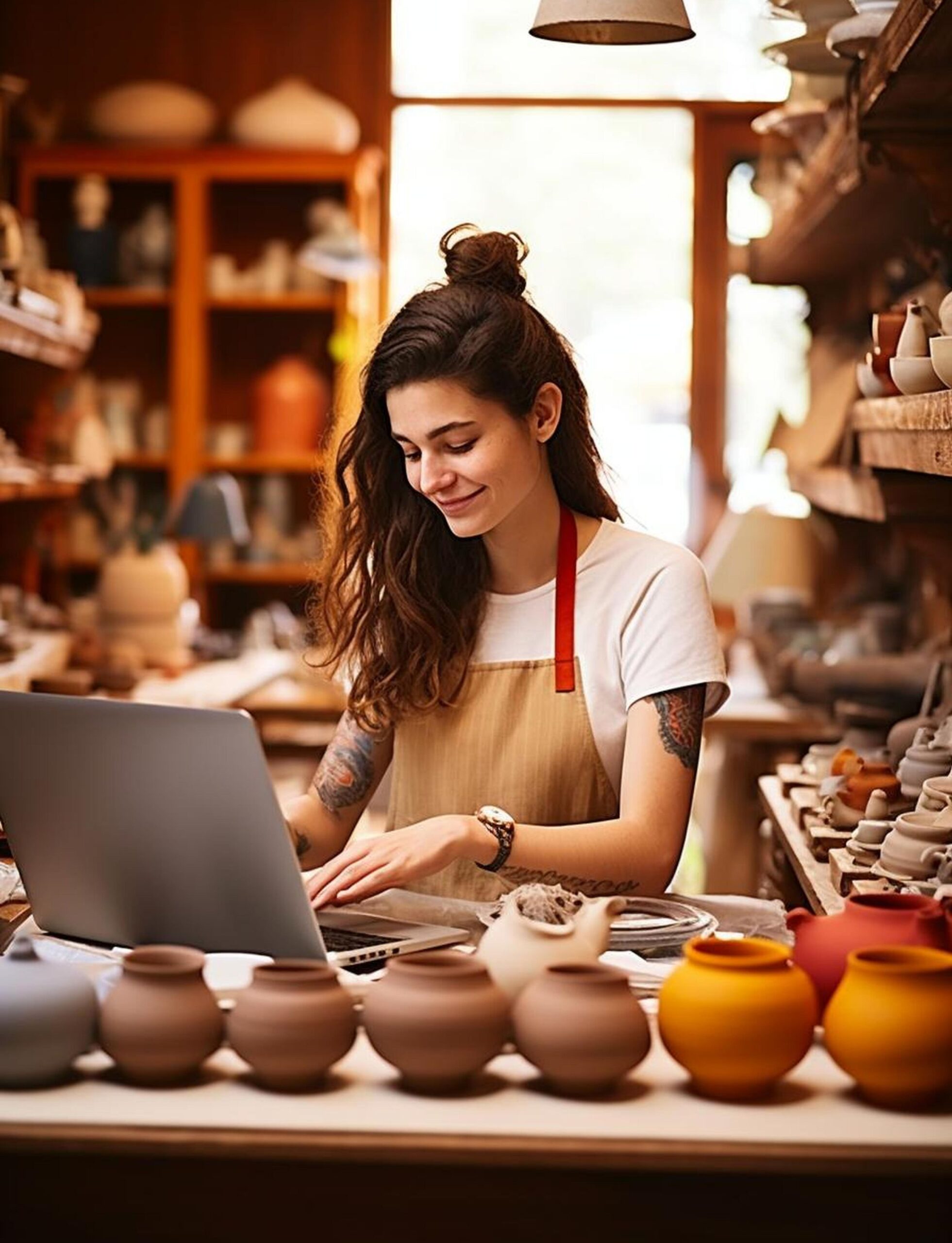 Young female pottery artist working on a laptop in her cozy, well-lit studio, surrounded by handcrafted ceramic pots and vases. She is wearing a beige apron and has a smile on her face, indicating her passion and satisfaction with her craft.