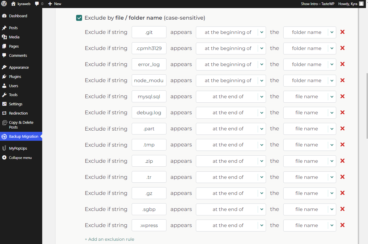 Screenshot of the Backup Migration plugin settings in a WordPress dashboard. The settings show various exclusion rules for files and folders by name. Examples include .git, error_log, node_modu, mysql.sql, and others. Each rule specifies whether the string appears at the beginning or end of the file/folder name.