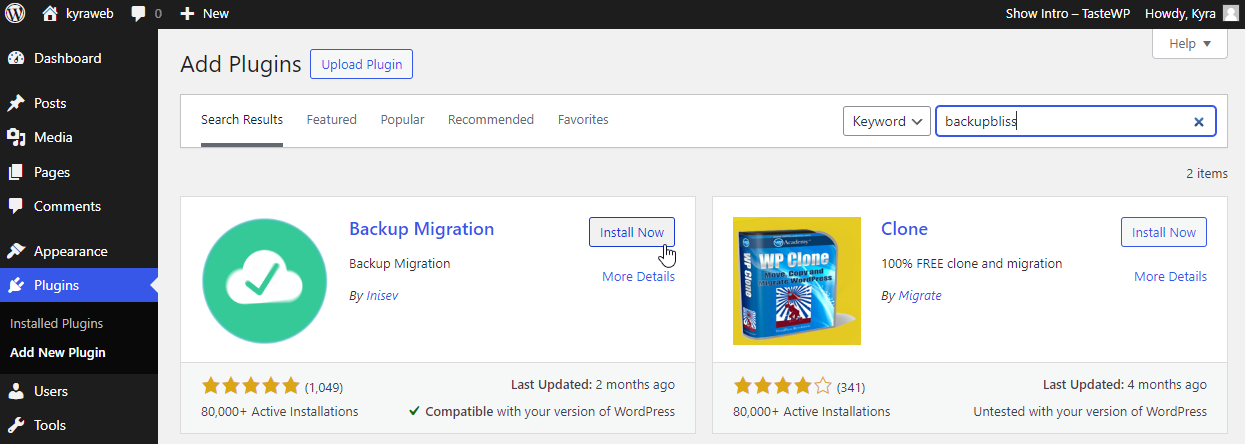 WordPress dashboard displaying the "Add Plugins" page. The user has searched for "backupbliss" and two plugins appear: "Backup Migration" and "Clone". The "Install Now" button is highlighted for the "Backup Migration" plugin by Inisev.