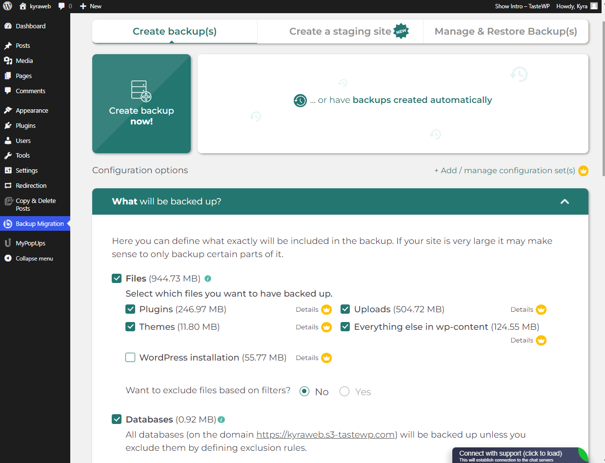 WordPress dashboard showing the Backup Migration plugin's "Create backup(s)" tab. The configuration options detail what will be backed up, including files, plugins, themes, WordPress installation, and databases. Specific file sizes are mentioned, and there are options to exclude files based on filters.
