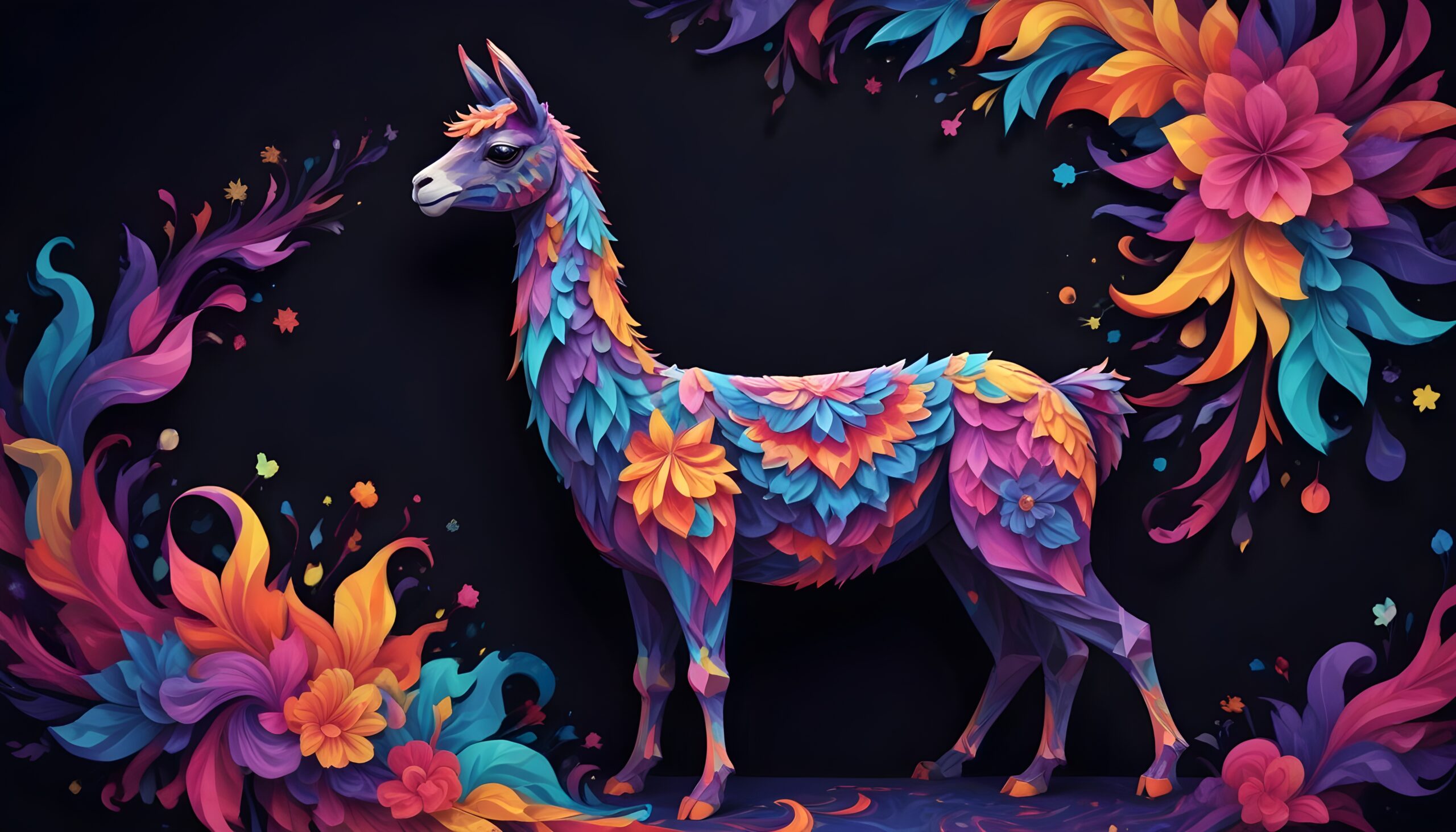 A colorful, abstract llama with vibrant splashes of paint against a dark background with futuristic digital elements
