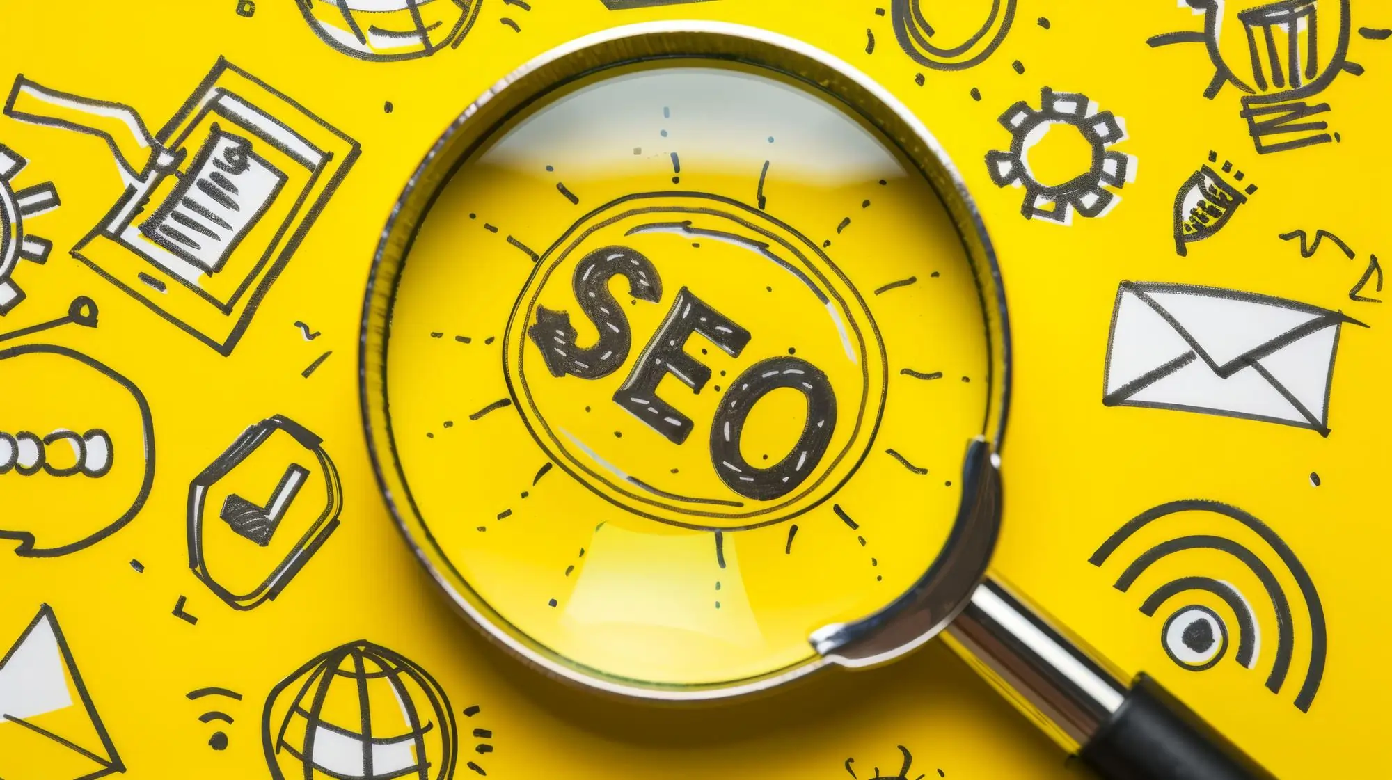 An illustration showing magnifying glass with SEO written