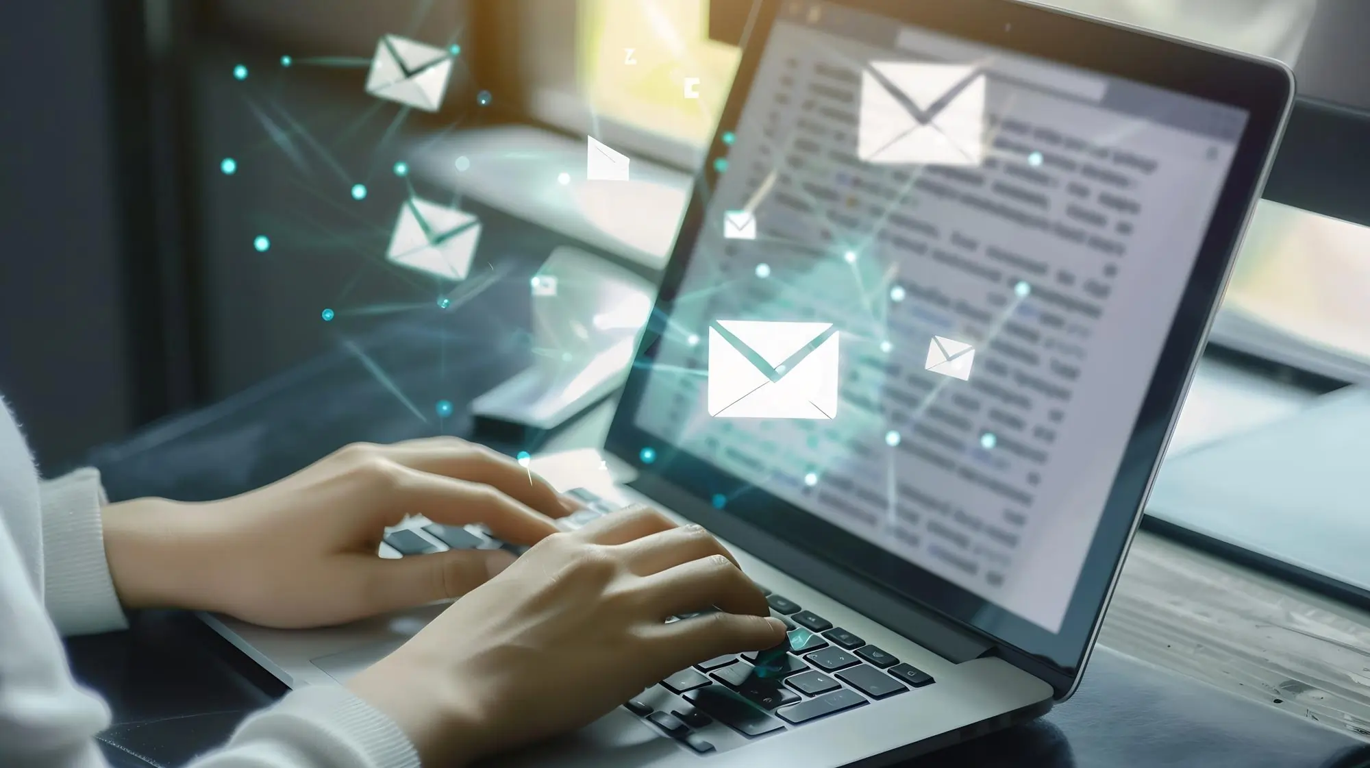 Businesswoman typing email on laptop at office desk composing professional email